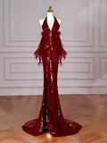 Red Halter Sequin Mermaid Long Prom Dress Evening Party Dress HZ0319