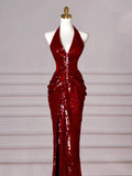 Red Halter Sequin Mermaid Long Prom Dress Evening Party Dress HZ0319