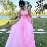 Pink Strapless A Line Long Prom Dress Chiffon Wedding Guest Dress HZ0319