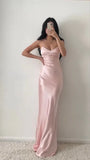 Pink Halter Neck Long Prom Dresses Sheath Satin Evening Dress HZ0319