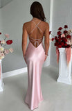 Pink Halter Neck Long Prom Dresses Sheath Satin Evening Dress HZ0319