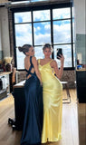 Yellow Sheath Long Prom Dress Satin Evening Party Dress HZ0319