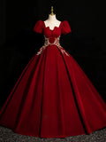 Wine Red Satin Short Sleeves Prom Dress, Wine Red Satin Party Dress HZ0319