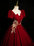 Wine Red Satin Short Sleeves Prom Dress, Wine Red Satin Party Dress HZ0319