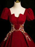 Wine Red Satin Short Sleeves Prom Dress, Wine Red Satin Party Dress HZ0319