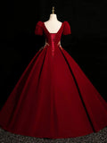 Wine Red Satin Short Sleeves Prom Dress, Wine Red Satin Party Dress HZ0319