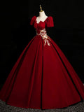 Wine Red Satin Short Sleeves Prom Dress, Wine Red Satin Party Dress HZ0319