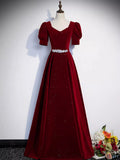 Wine Red Velvet Short Sleeves Prom Dress, Wine Red A-line Party Dress HZ0319