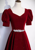 Wine Red Velvet Short Sleeves Prom Dress, Wine Red A-line Party Dress HZ0319