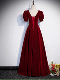 Wine Red Velvet Short Sleeves Prom Dress, Wine Red A-line Party Dress HZ0319