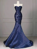 Navy Blue Mermaid Strapless Long Evening Dress, Navy Blue Satin Prom Dress HZ0319