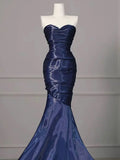 Navy Blue Mermaid Strapless Long Evening Dress, Navy Blue Satin Prom Dress HZ0319