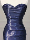 Navy Blue Mermaid Strapless Long Evening Dress, Navy Blue Satin Prom Dress HZ0319