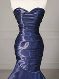 Navy Blue Mermaid Strapless Long Evening Dress, Navy Blue Satin Prom Dress HZ0319
