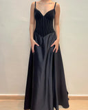 V Neck A Line Black Long Prom Dress Formal Party Dress HZ0319
