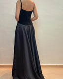 V Neck A Line Black Long Prom Dress Formal Party Dress HZ0319