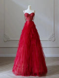 Red Sweetheart Tulle Layers Straps Prom Dress, Red Long Party Dress HZ0319