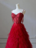 Red Sweetheart Tulle Layers Straps Prom Dress, Red Long Party Dress HZ0319
