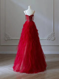 Red Sweetheart Tulle Layers Straps Prom Dress, Red Long Party Dress HZ0319