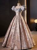Lovely A-Line Floral Satin Short Sleeves Long Prom Dress Formal Gown HZ0319