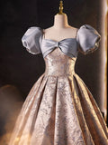 Lovely A-Line Floral Satin Short Sleeves Long Prom Dress Formal Gown HZ0319