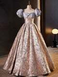 Lovely A-Line Floral Satin Short Sleeves Long Prom Dress Formal Gown HZ0319