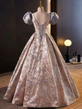 Lovely A-Line Floral Satin Short Sleeves Long Prom Dress Formal Gown HZ0319