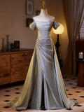 Shiny Sliver Grey A-line Long Formal Dress, Simple Grey Off Shoulder Prom Dress HZ0319
