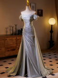 Shiny Sliver Grey A-line Long Formal Dress, Simple Grey Off Shoulder Prom Dress HZ0319
