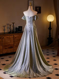 Shiny Sliver Grey A-line Long Formal Dress, Simple Grey Off Shoulder Prom Dress HZ0319