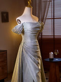 Shiny Sliver Grey A-line Long Formal Dress, Simple Grey Off Shoulder Prom Dress HZ0319