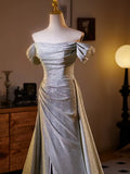 Shiny Sliver Grey A-line Long Formal Dress, Simple Grey Off Shoulder Prom Dress HZ0319