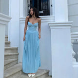 Strapless Blue A Line Pleated Long Prom Dress Wedding Guest Dress HZ0319