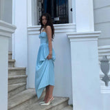 Strapless Blue A Line Pleated Long Prom Dress Wedding Guest Dress HZ0319