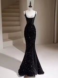 Black Sequins Mermaid Straps Beaded Prom Dress, Black Sequins Party Dress HZ0319