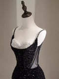 Black Sequins Mermaid Straps Beaded Prom Dress, Black Sequins Party Dress HZ0319