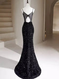 Black Sequins Mermaid Straps Beaded Prom Dress, Black Sequins Party Dress HZ0319