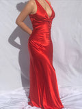 V Neck Red Mermaid Satin Long Prom Dress Formal Party Dress HZ0319