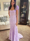 Lilac Short Sleeves Mermaid Long Prom Dress Applique Formal Party Dress HZ0319
