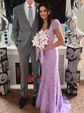 Lilac Short Sleeves Mermaid Long Prom Dress Applique Formal Party Dress HZ0319