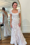 Lilac Short Sleeves Mermaid Long Prom Dress Applique Formal Party Dress HZ0319