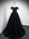 Off The Shoulder Shiny Tulle Long Prom Dress A Line Black Evening Dress HZ0319