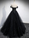 Off The Shoulder Shiny Tulle Long Prom Dress A Line Black Evening Dress HZ0319
