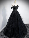 Off The Shoulder Shiny Tulle Long Prom Dress A Line Black Evening Dress HZ0319