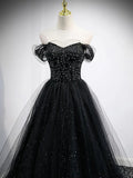 Off The Shoulder Shiny Tulle Long Prom Dress A Line Black Evening Dress HZ0319