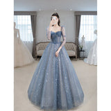 Blue A Line Tulle Prom Dress Sweetheart Shiny Formal Party Gown Princess Dress HZ0319