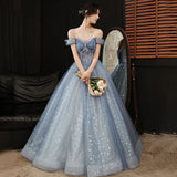 Blue A Line Tulle Prom Dress Sweetheart Shiny Formal Party Gown Princess Dress HZ0319