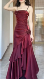Wine Red Spaghetti Straps Chiffon Long Party Dress Evening Gown HZ0319