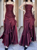 Wine Red Spaghetti Straps Chiffon Long Party Dress Evening Gown HZ0319
