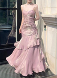 Lovely Pink Spaghetti Straps Chiffon Long Party Dress Evening Gown HZ0319